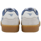 Rear view of two white and blue sneakers with gum soles.