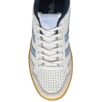 White Gola high-top sneaker with light blue stripes and a gum sole.