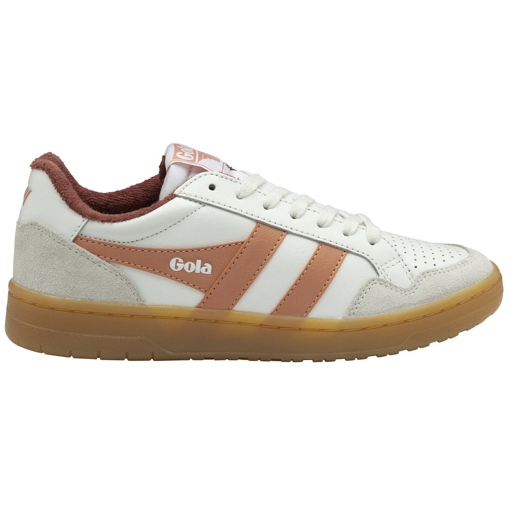 White and brown Gola sneakers with a gum sole.