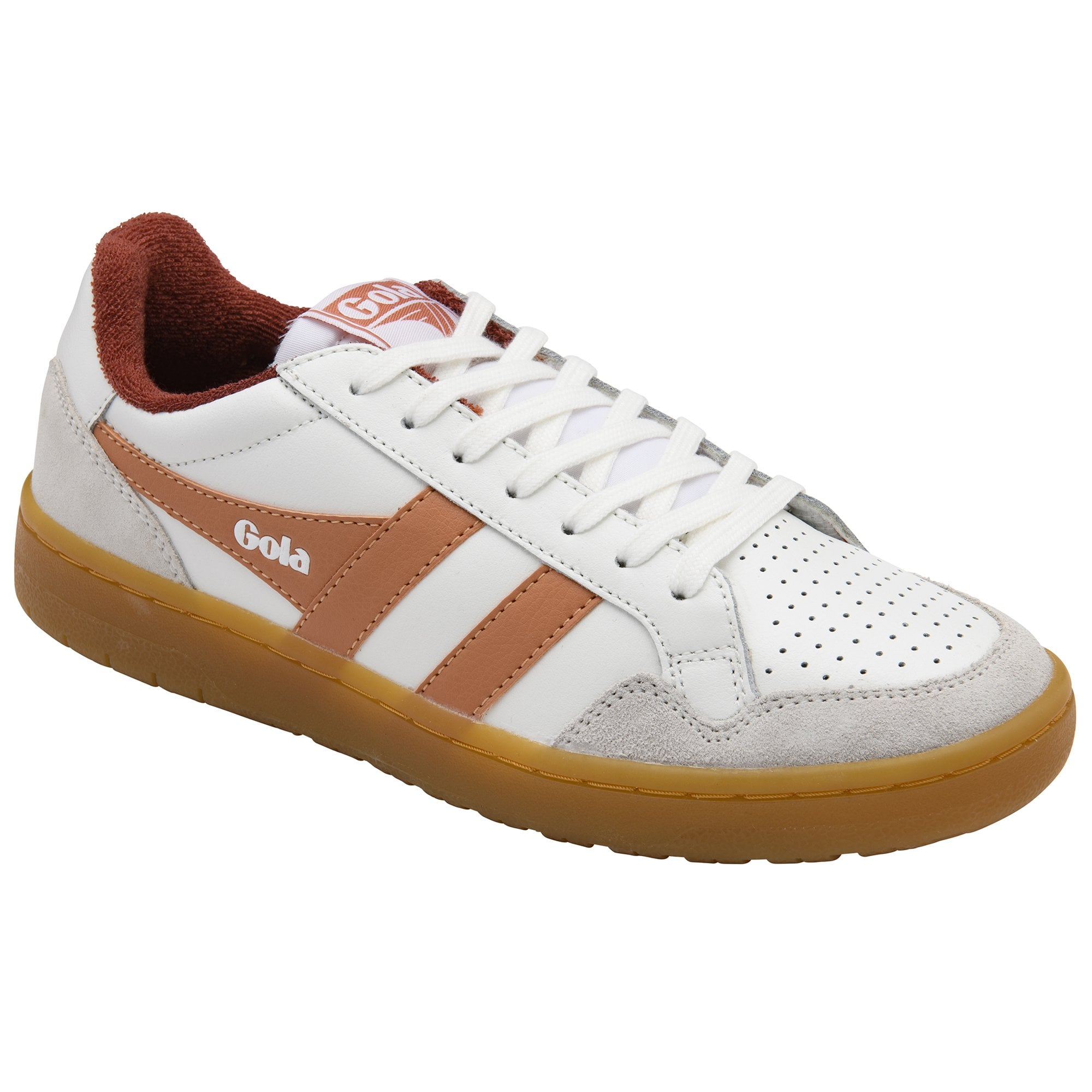 White and brown Gola sneaker with a gum sole.