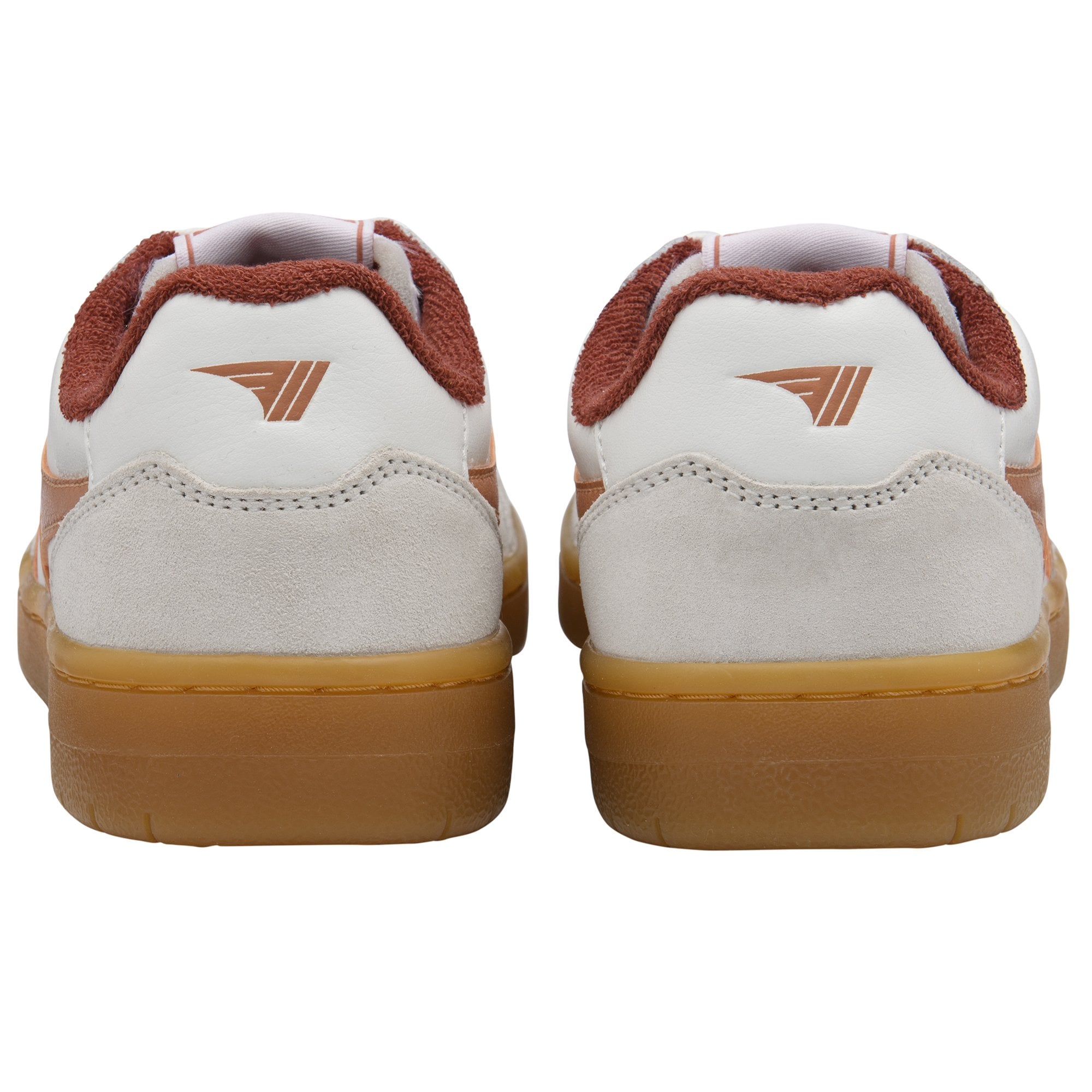 Rear view of two white and brown sneakers with gum soles.