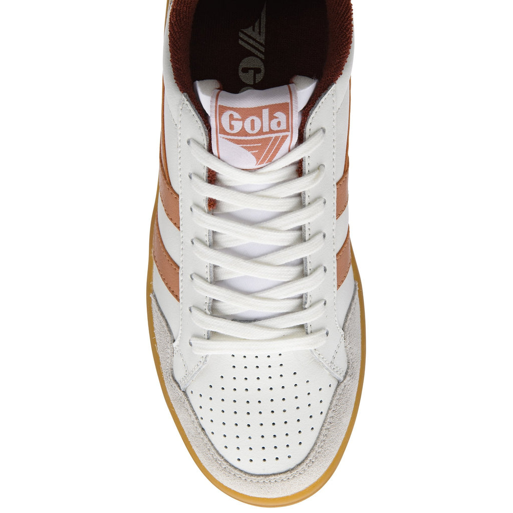 Top-down view of a white Gola sneaker with brown stripes and a gum sole.