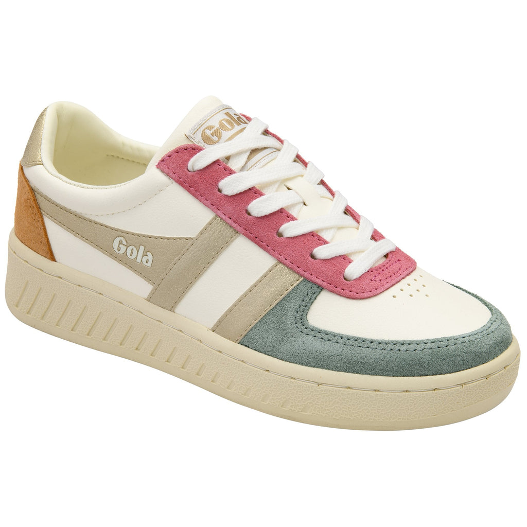 White Gola sneakers with pink, blue, and tan accents.