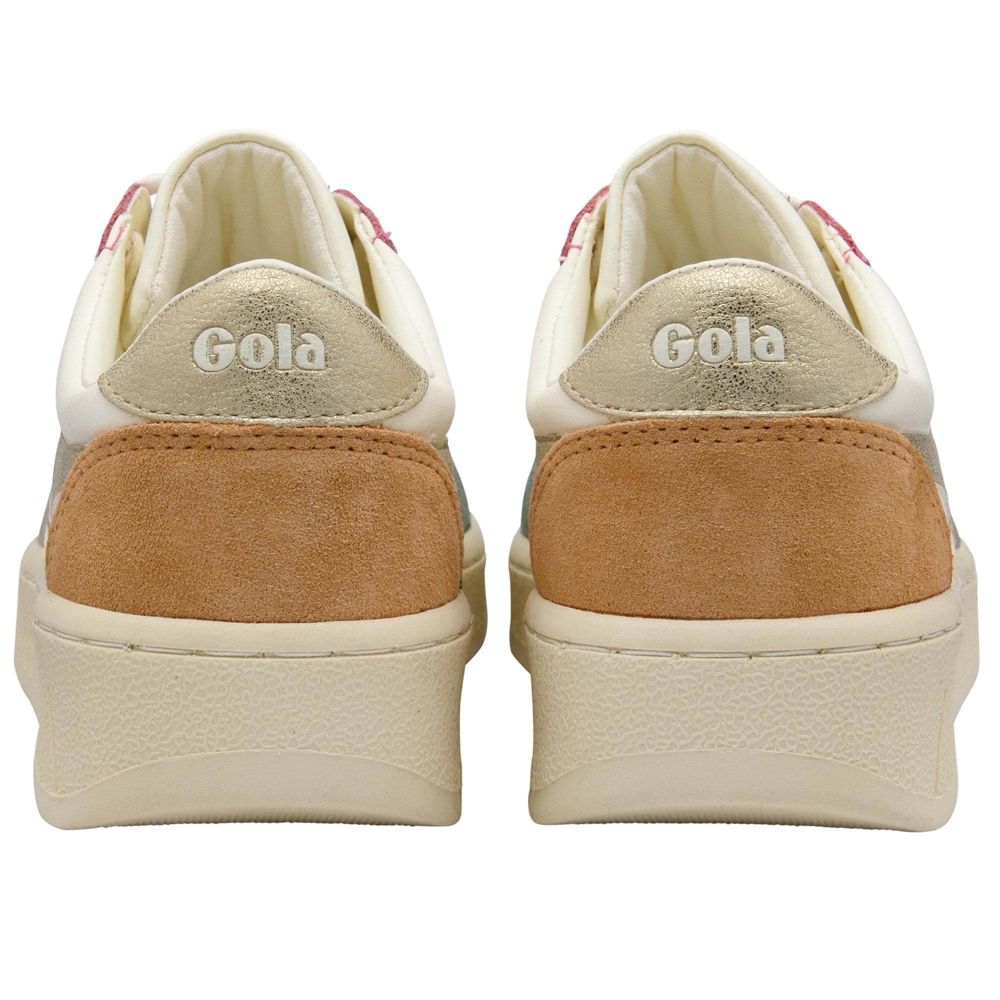 Rear view of two Gola sneakers with gold and tan accents.