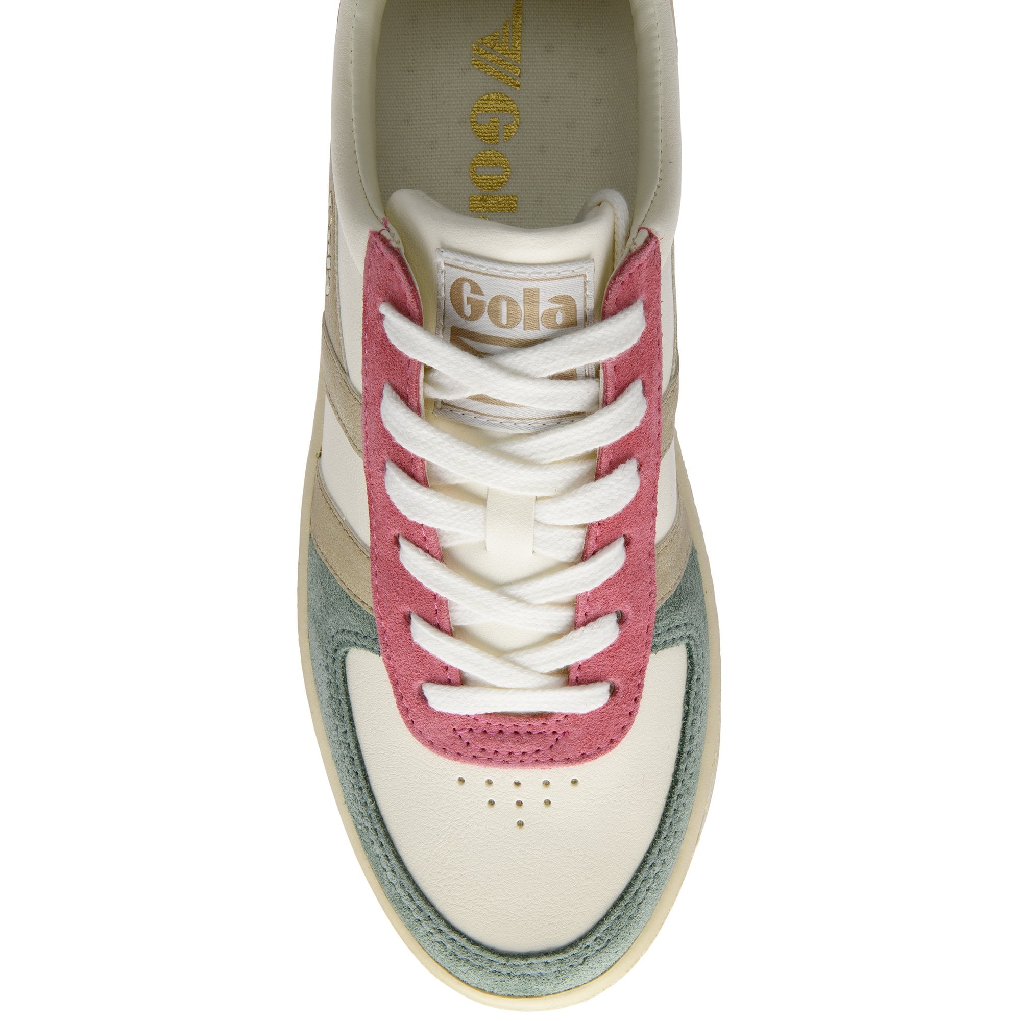 Top-down view of a Gola sneaker with white laces, pink, green, and beige accents.