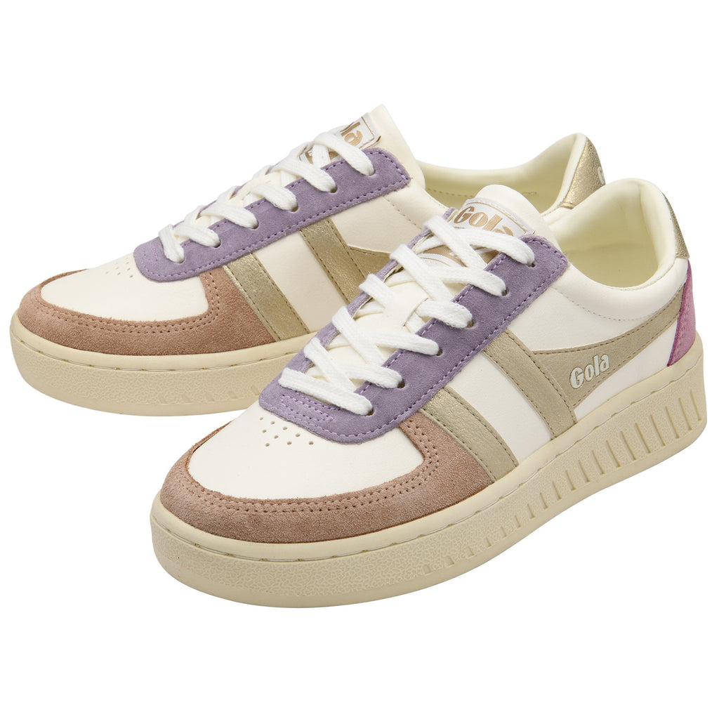 Pair of Gola sneakers with white, purple, gold, and brown accents.