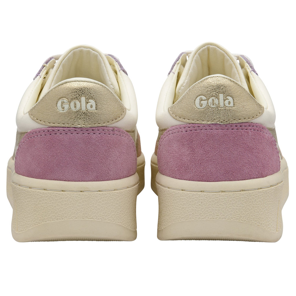 Pair of Gola women's sneakers with purple suede and gold accents.