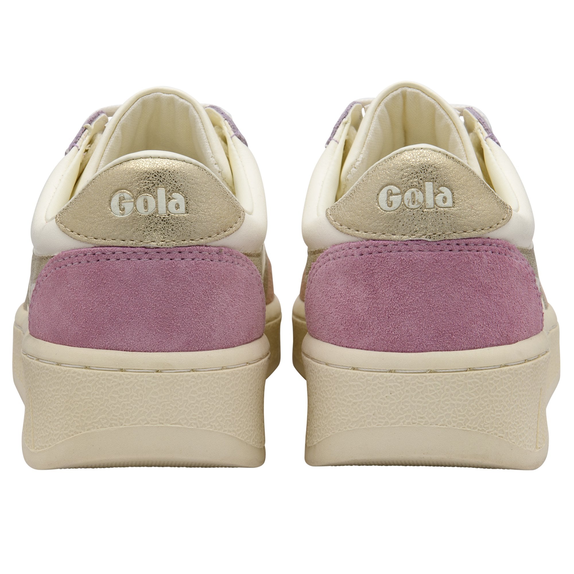 Pair of Gola women's sneakers with purple suede and gold accents.