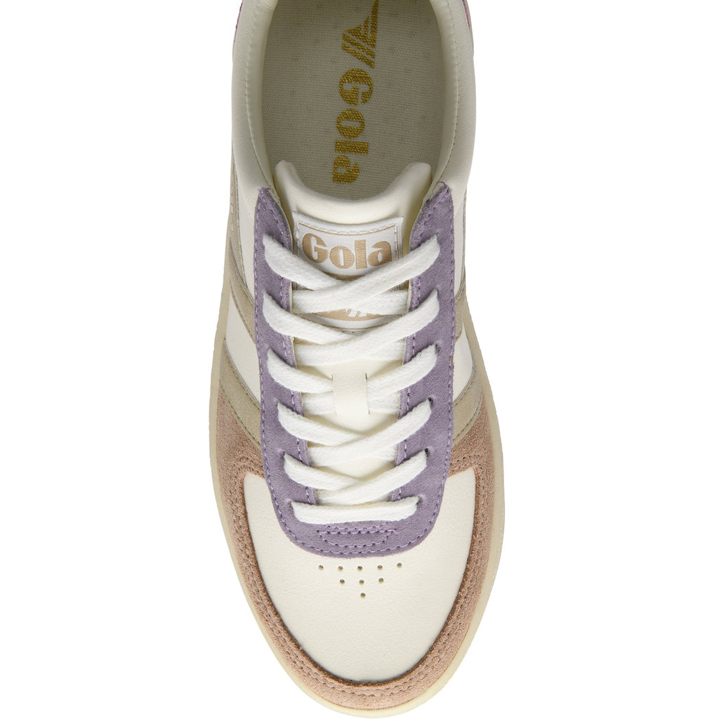 Top-down view of a Gola sneaker with white laces, purple, pink, and beige accents.