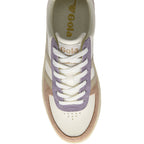 Top-down view of a Gola sneaker with white laces, purple, pink, and beige accents.