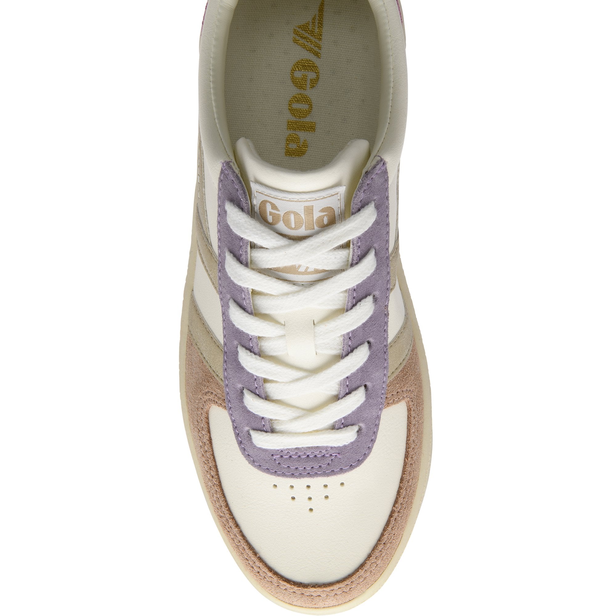 Top-down view of a Gola sneaker with white laces, purple, pink, and beige accents.