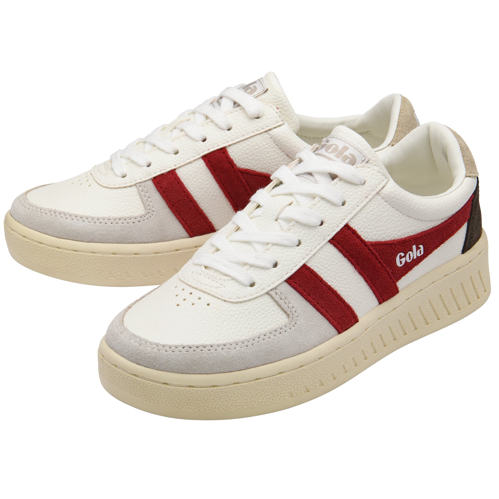 White Gola sneakers with red stripes and beige soles.
