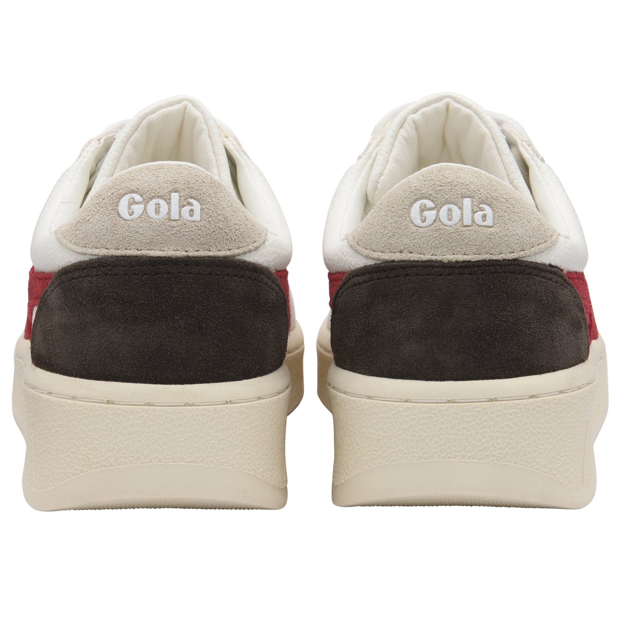 Pair of Gola sneakers with white, red, and dark brown panels, viewed from the back.