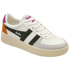 White Gola sneakers with black stripes, orange and magenta accents, and a light grey toe.