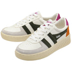 White Gola sneakers with black stripes and colorful accents on a white background.