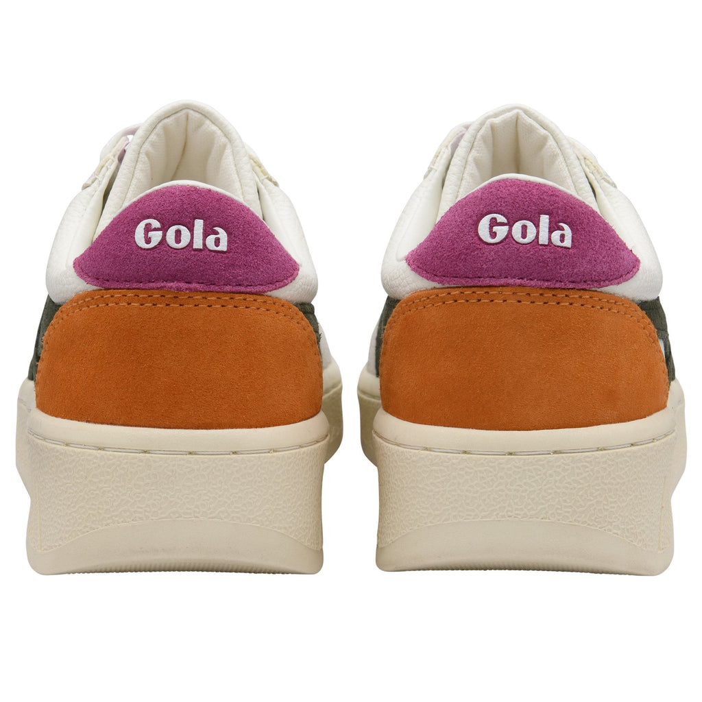 Rear view of two Gola sneakers with white, orange, and purple accents.