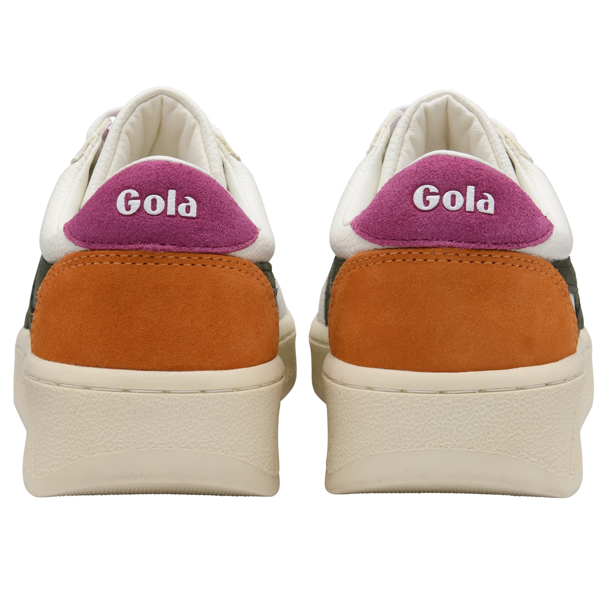 Rear view of two Gola sneakers with white, orange, and purple accents.