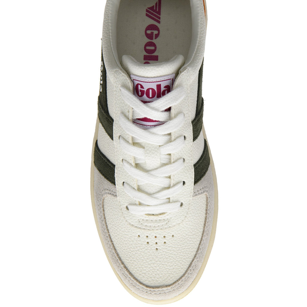 Top-down view of a white Gola sneaker with dark green stripes and white laces.