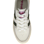 Top-down view of a white Gola sneaker with dark green stripes and white laces.