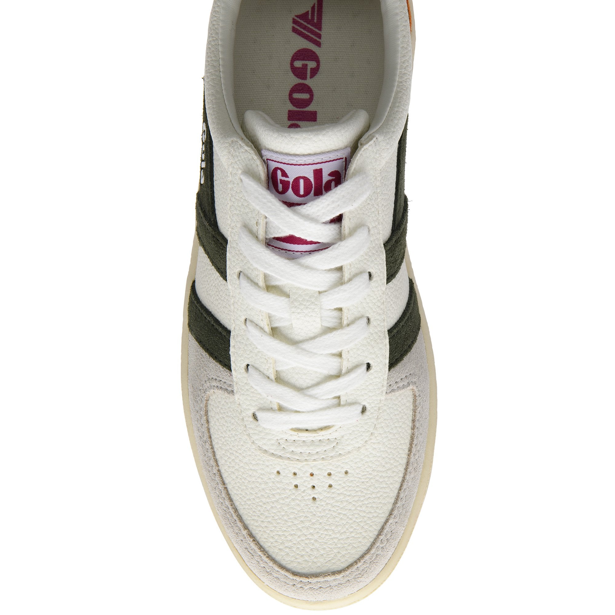 Top-down view of a white Gola sneaker with dark green stripes and white laces.