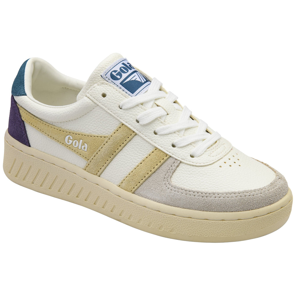 White Gola sneaker with gold stripes and purple and blue accents.