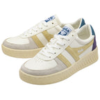 Pair of Gola sneakers with white, gold, grey, and purple accents.