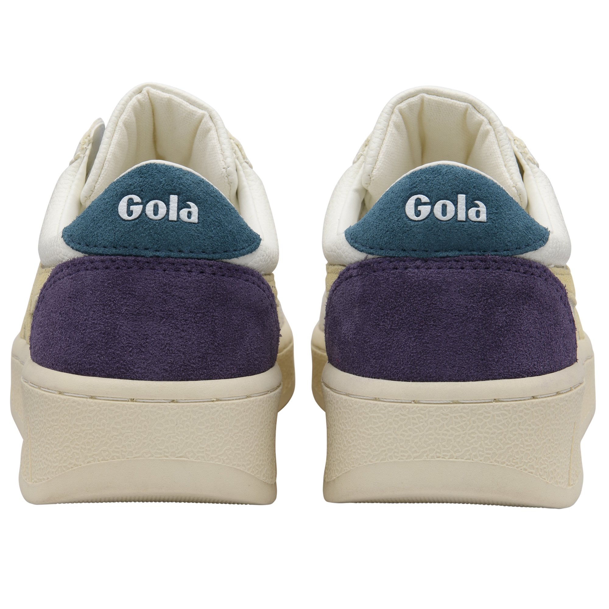 Rear view of two Gola sneakers with purple and teal accents.