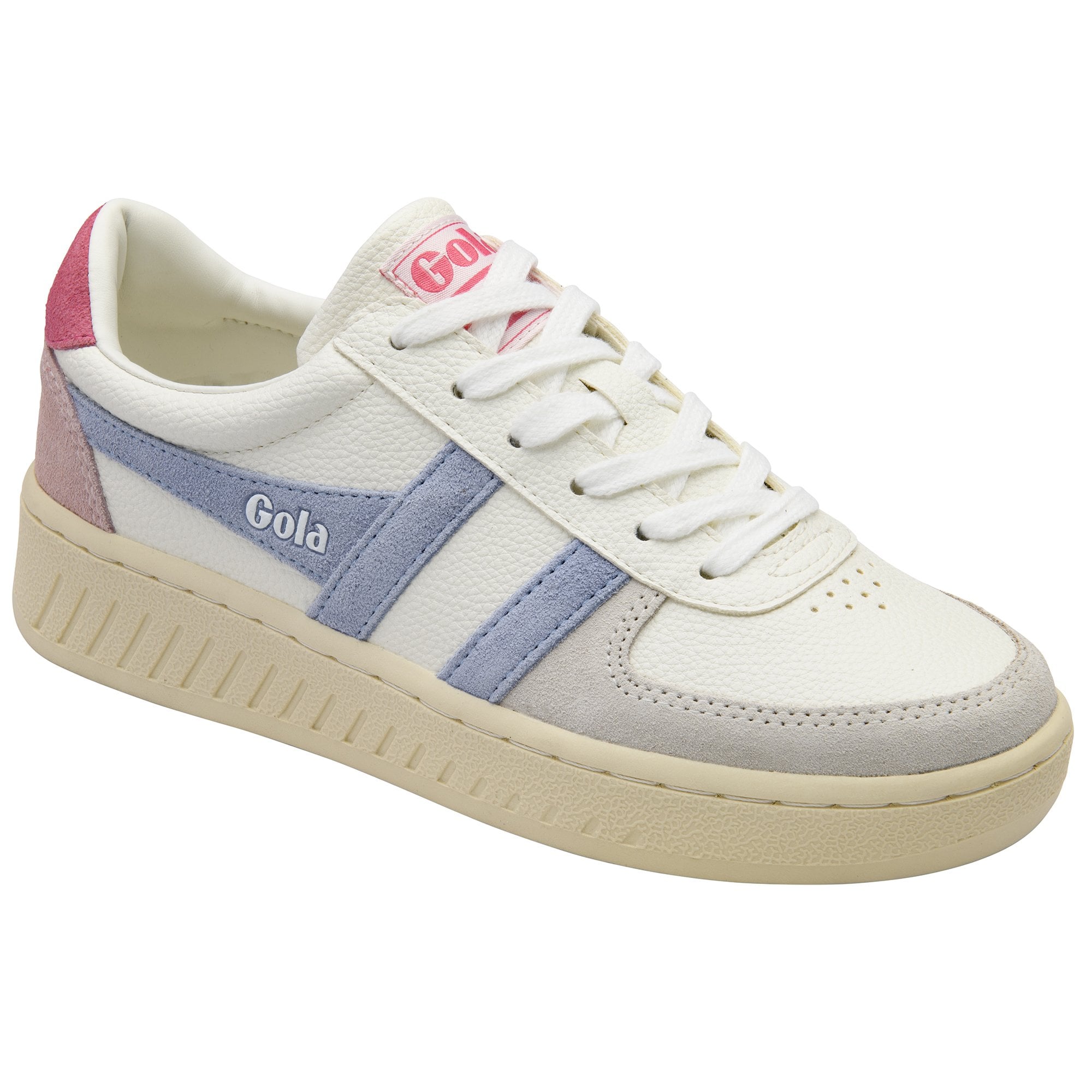 White Gola sneakers with pink and blue accents on a white background.