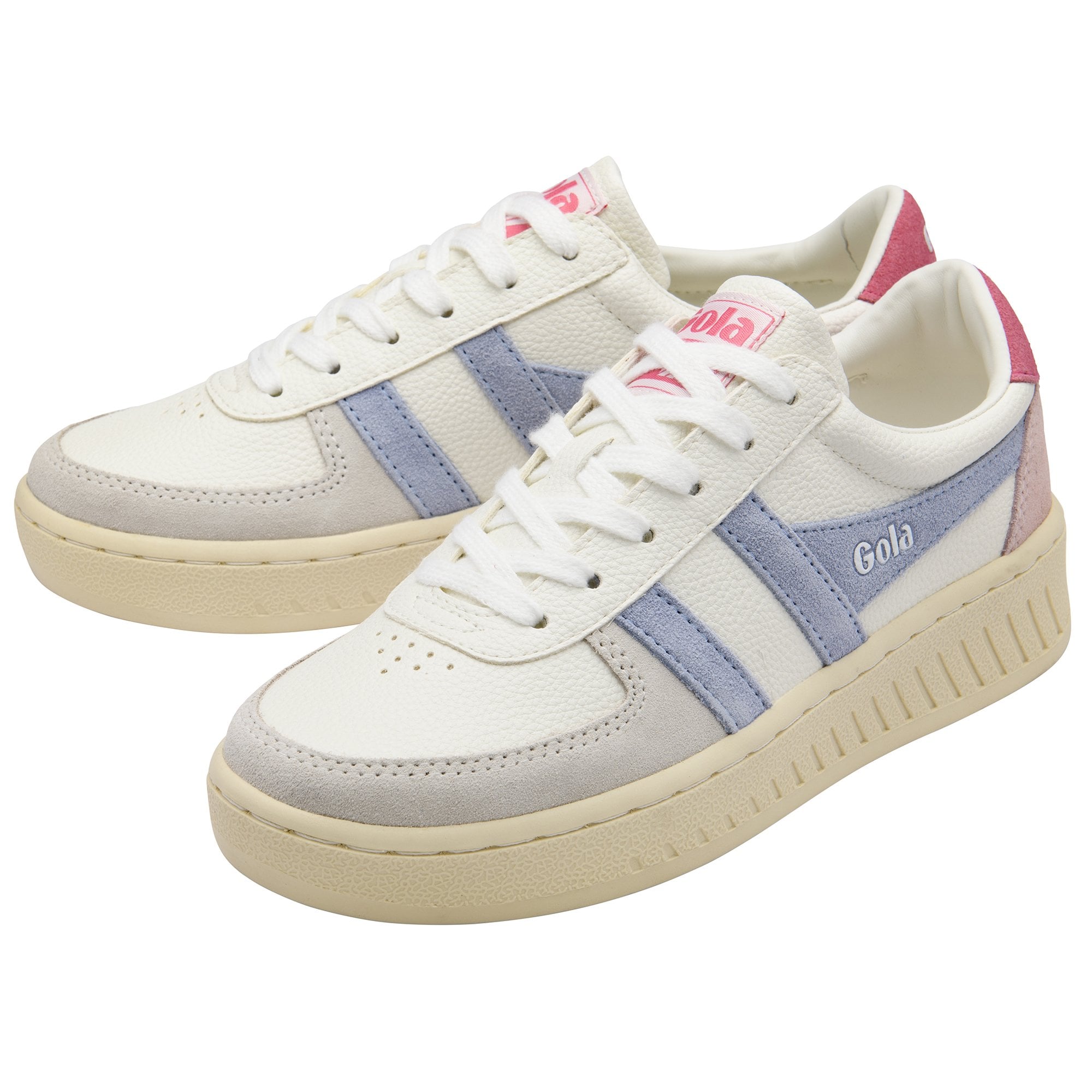 Pair of white Gola sneakers with light blue stripes and pink accents.