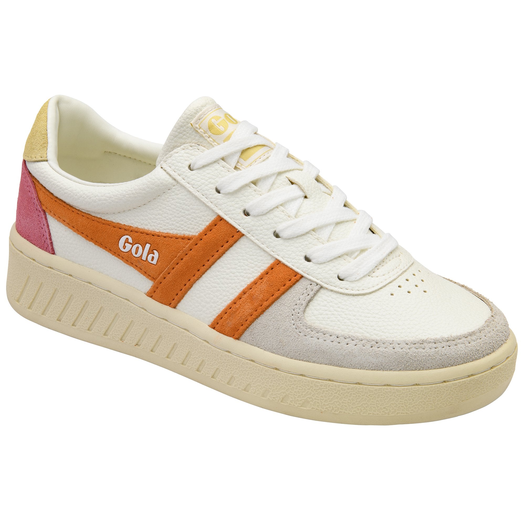 White Gola sneaker with orange stripes and pink and yellow accents.
