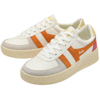 Pair of white Gola sneakers with orange stripes and light grey suede accents.
