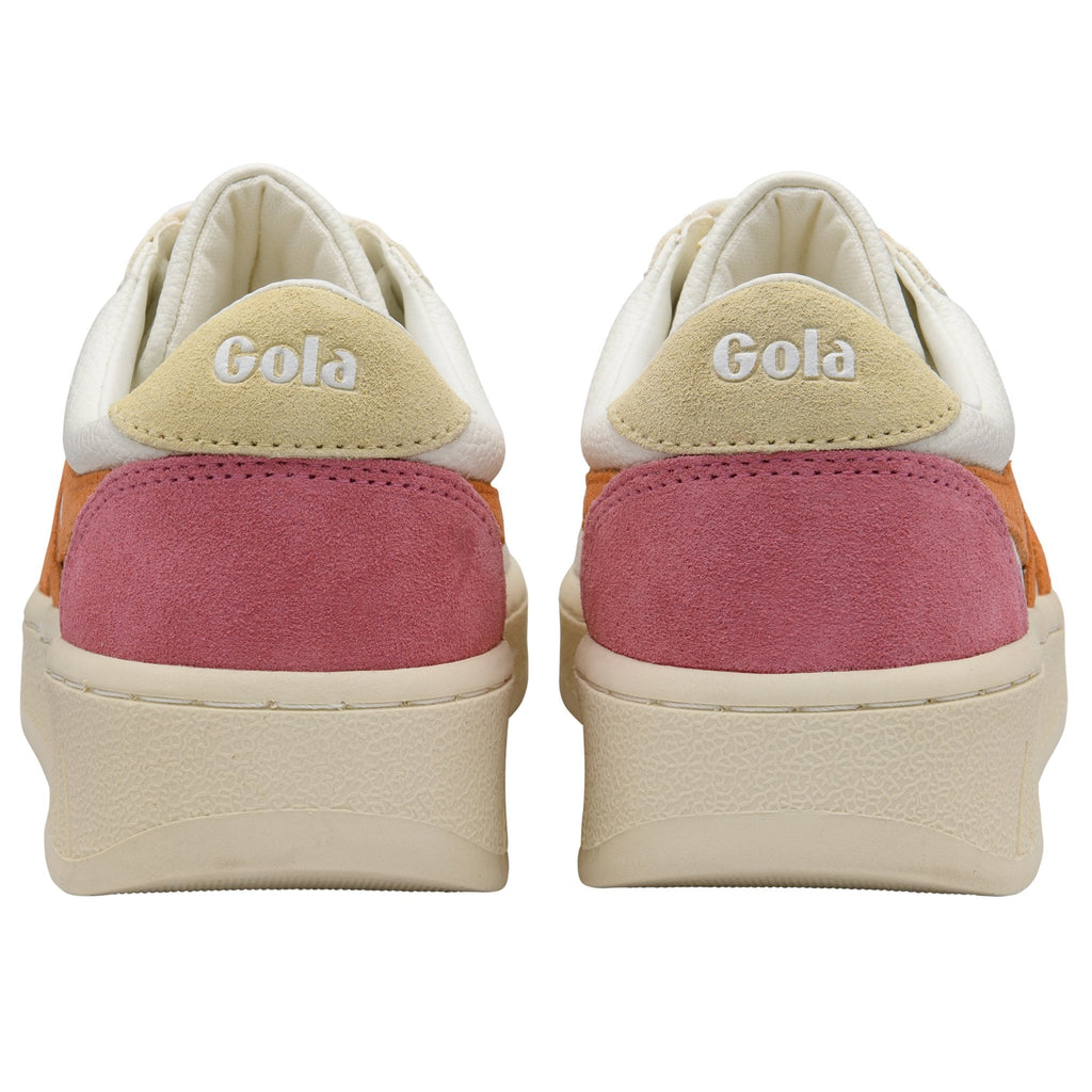 Pair of Gola sneakers with pink, orange, and cream colors, viewed from the back.