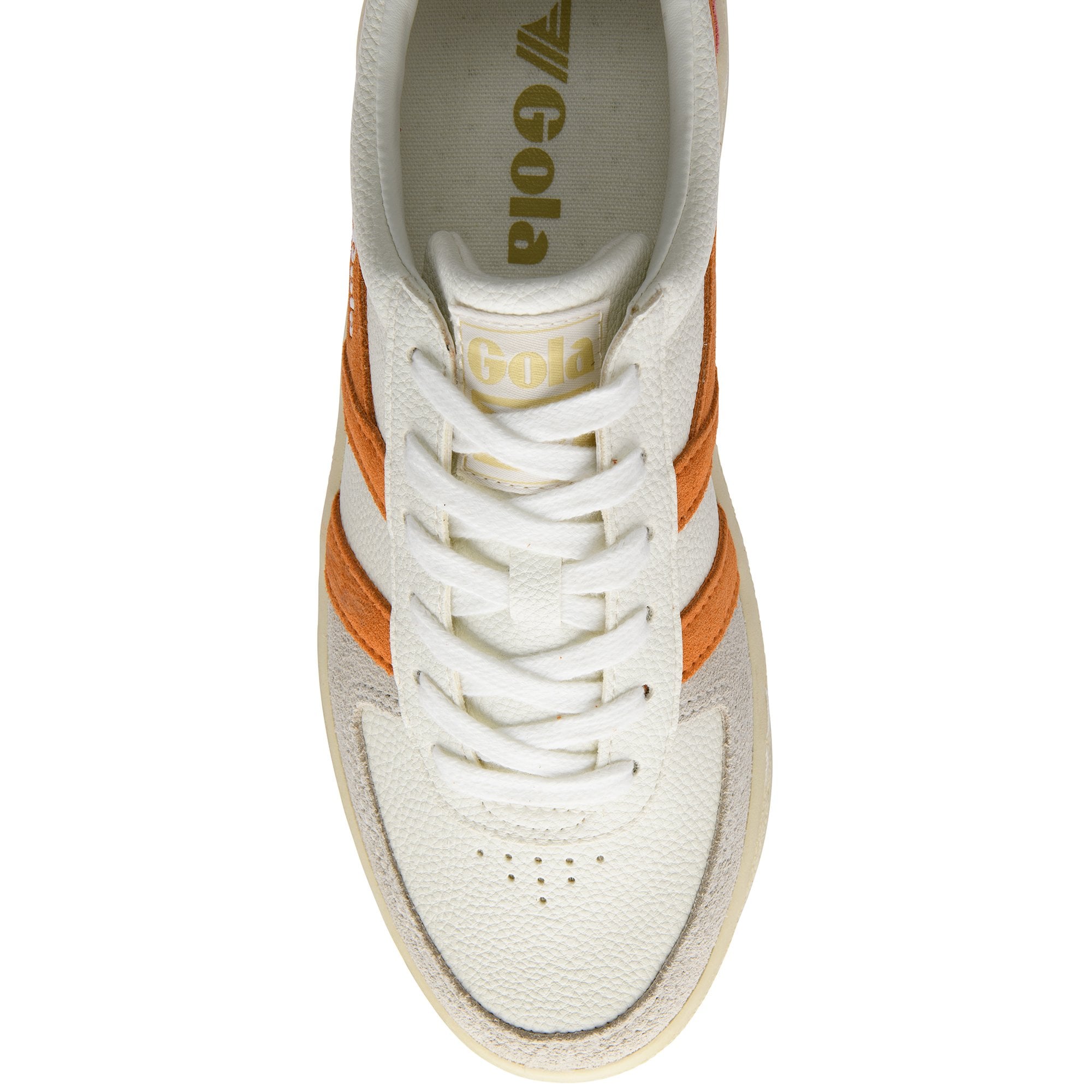 Top-down view of a white Gola sneaker with orange stripes and white laces.