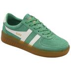 Green suede Gola sneakers with white stripes and a gum sole.