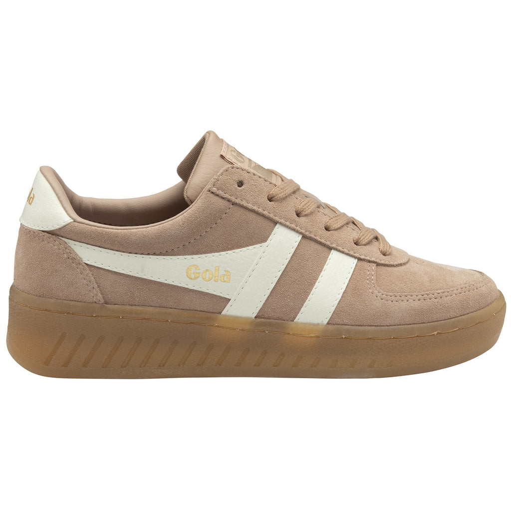 A single Gola women's sneaker in tan suede with white stripes and a gum sole.