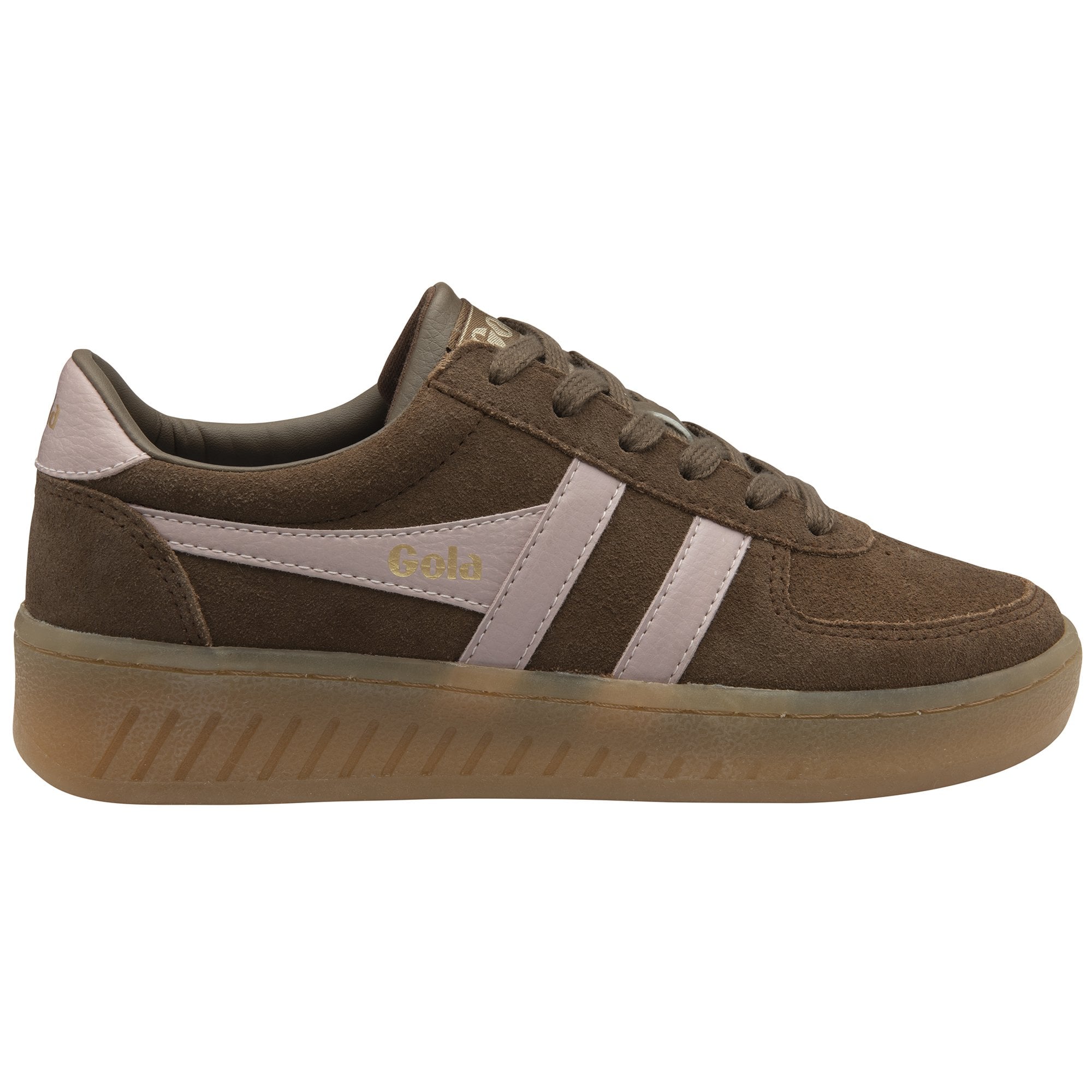 Brown suede sneaker with light pink stripes and a thick brown sole.