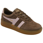 Brown Gola sneakers with light pink stripes and a translucent brown sole.