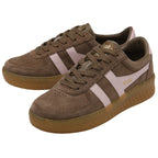 Pair of brown suede sneakers with light pink stripes and gum soles.