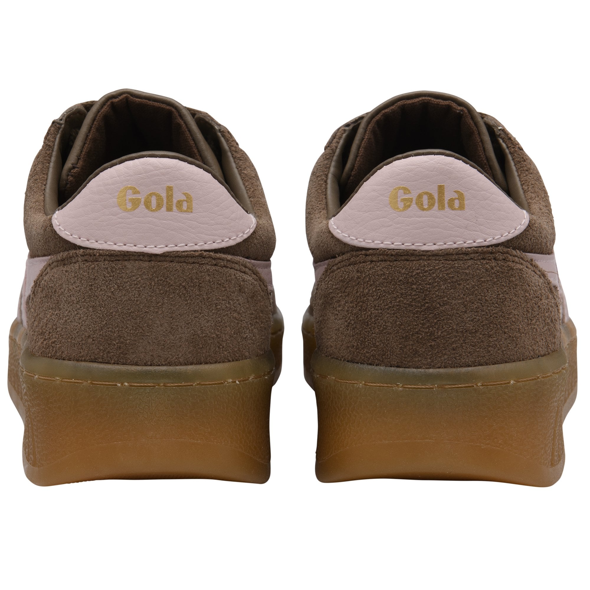 Pair of brown suede Gola sneakers with pink heel tabs and gold lettering.