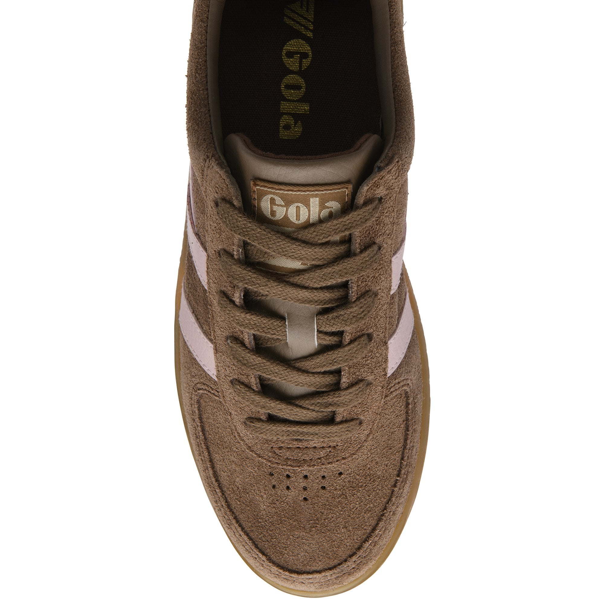 Top-down view of a brown suede Gola sneaker with light pink stripes and brown laces.