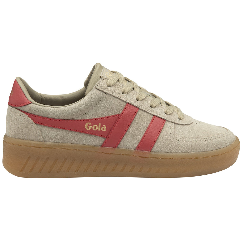 Gola women's low-top sneakers in beige suede with red stripes and gum sole.