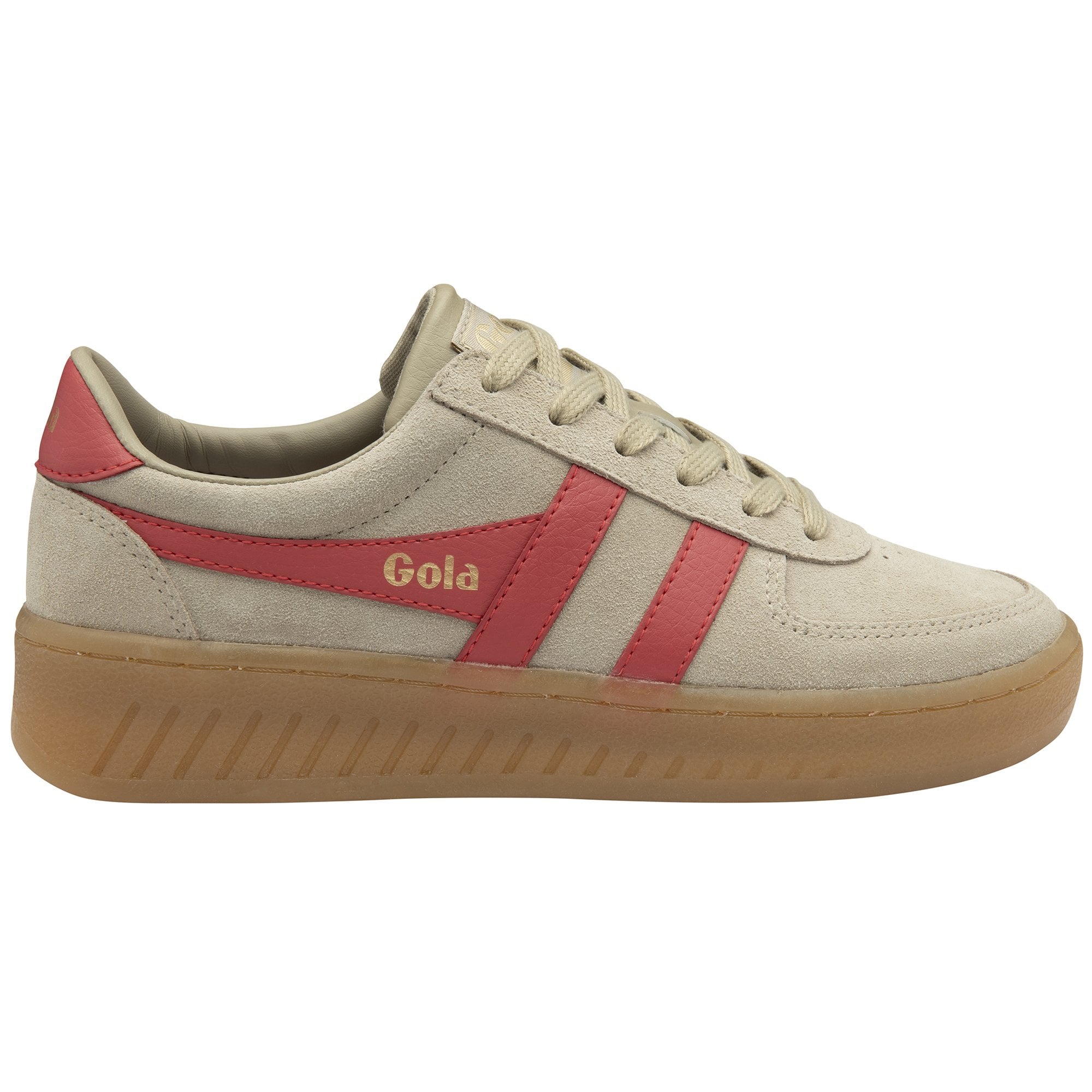 Gola women's low-top sneakers in beige suede with red stripes and gum sole.