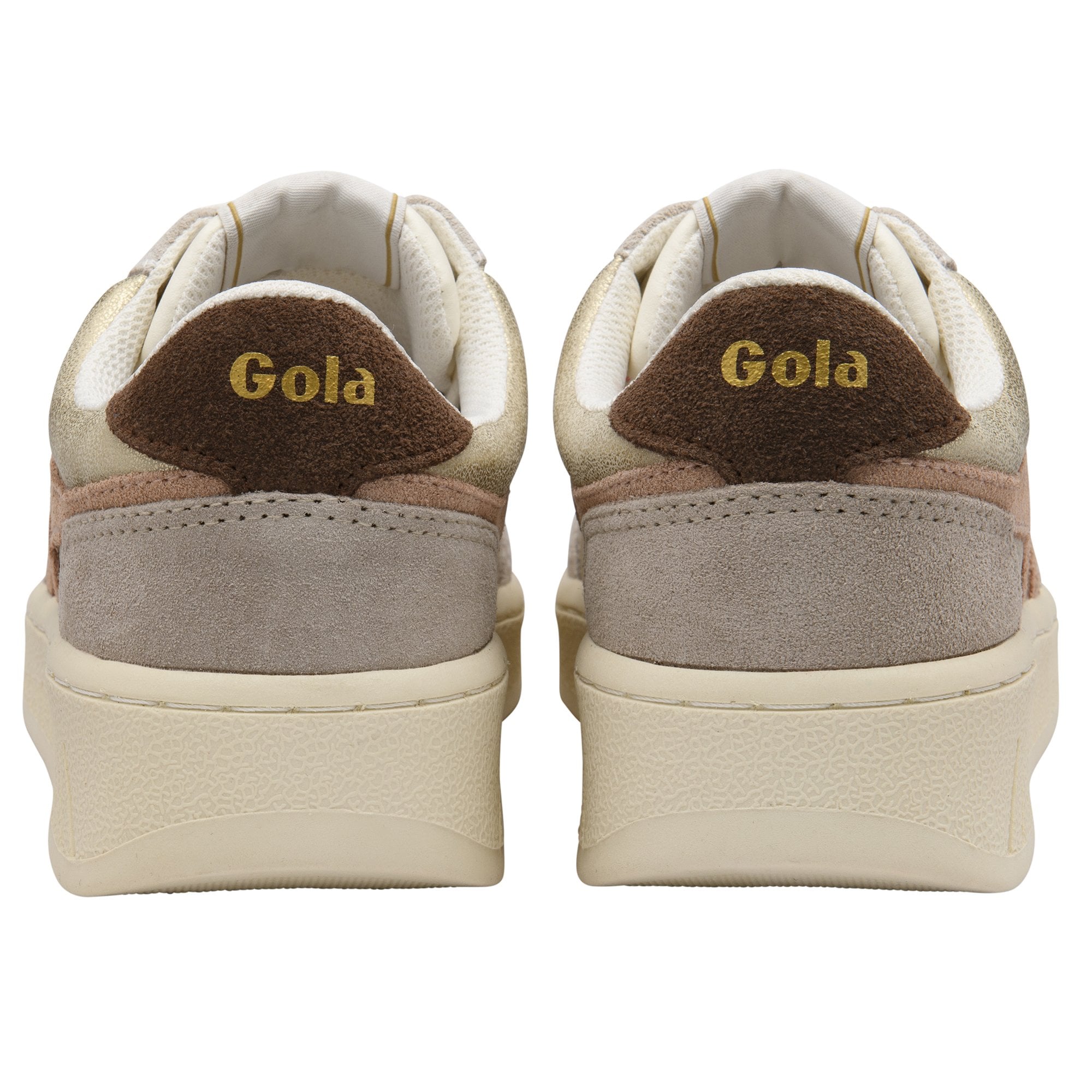 Back view of two Gola sneakers in beige, brown, and grey with gold Gola branding.