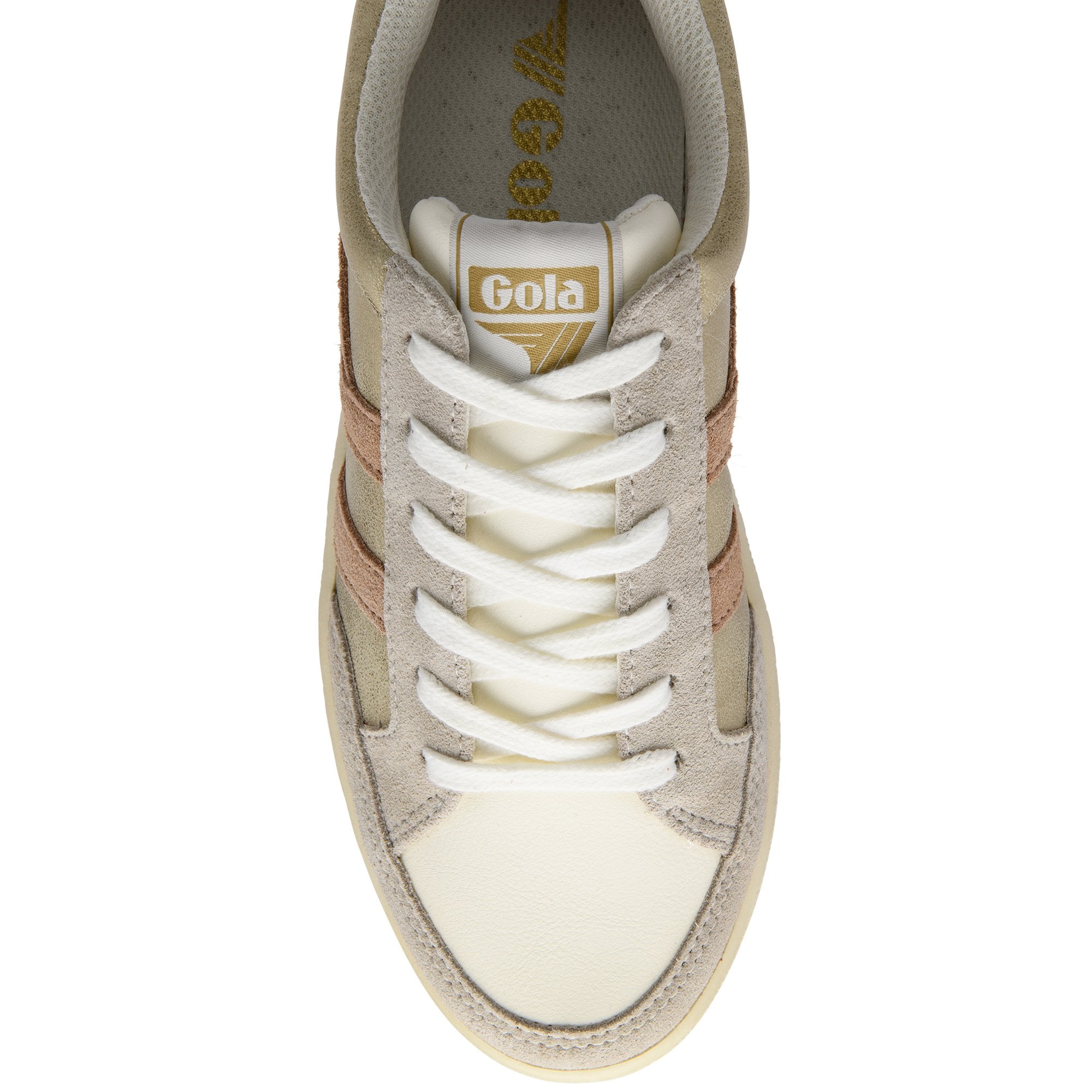 Top-down view of a Gola women's sneaker in off-white and beige with white laces.