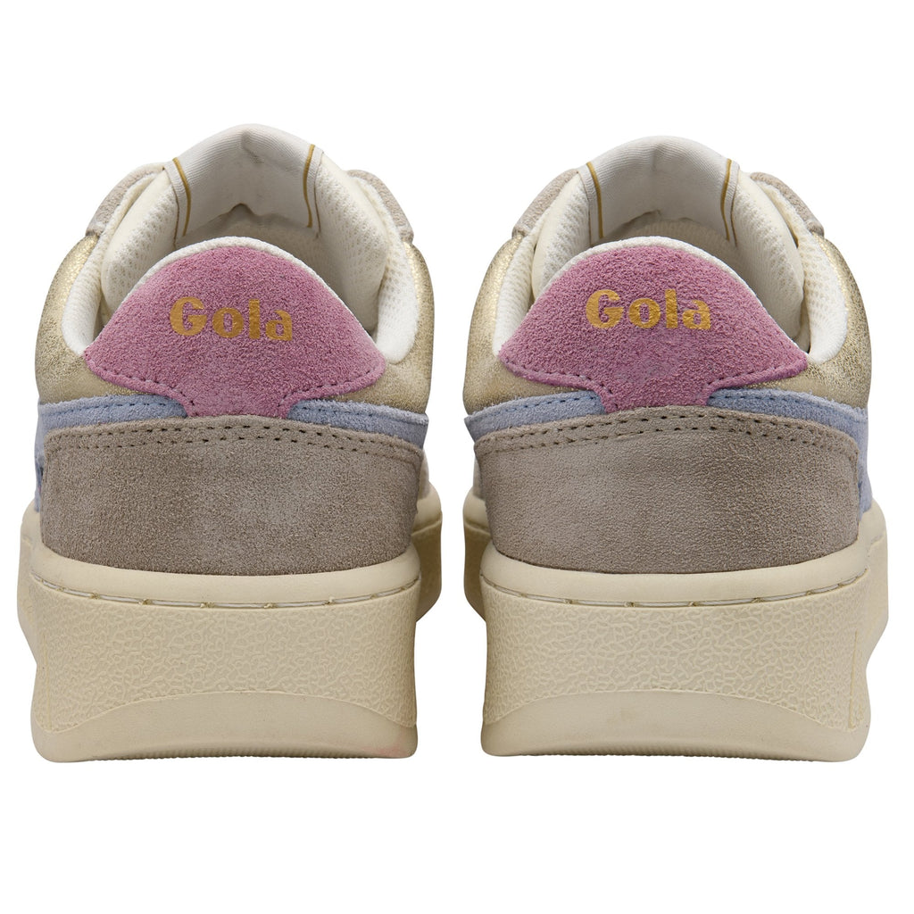 Rear view of two Gola sneakers with beige, pink, and blue accents.