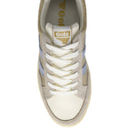 Top-down view of a Gola sneaker with beige suede, white laces, and light blue stripes.