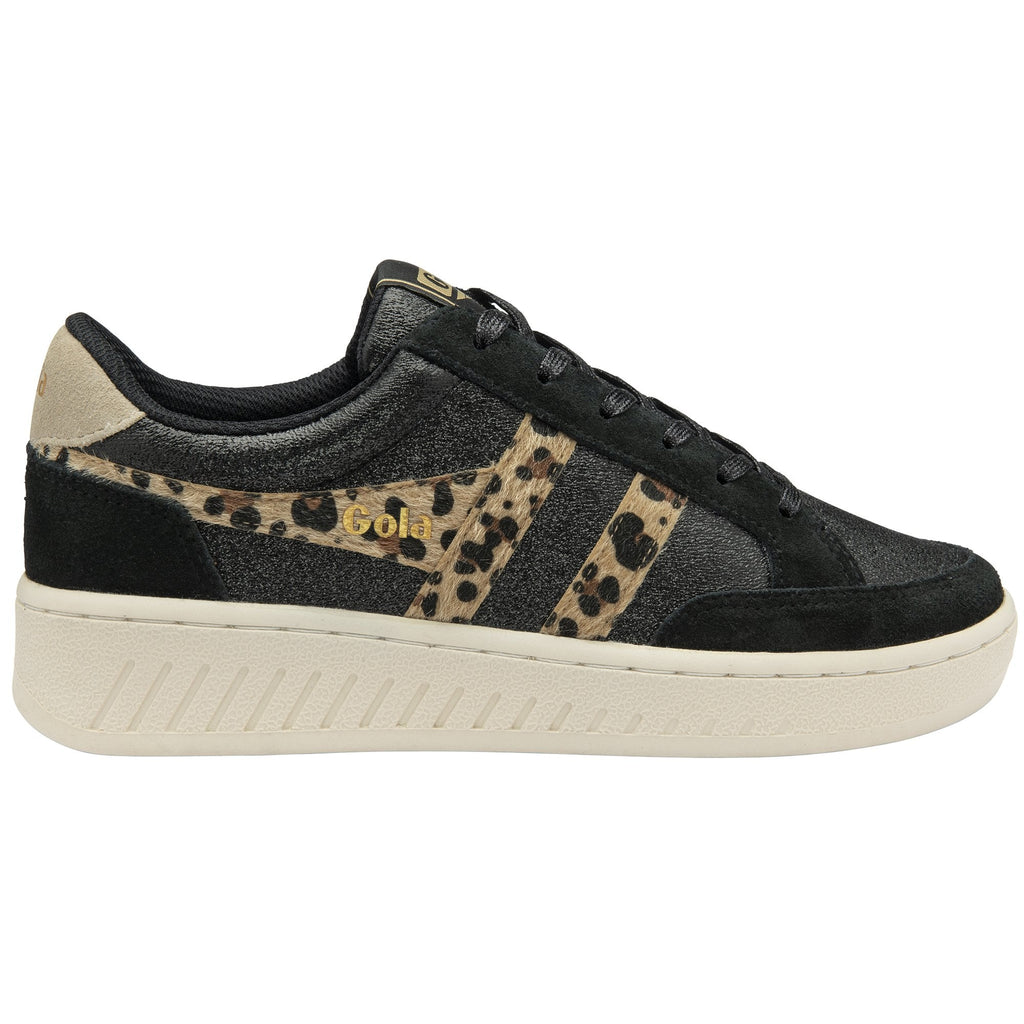 Black Gola sneakers with leopard print stripes and a cream sole.