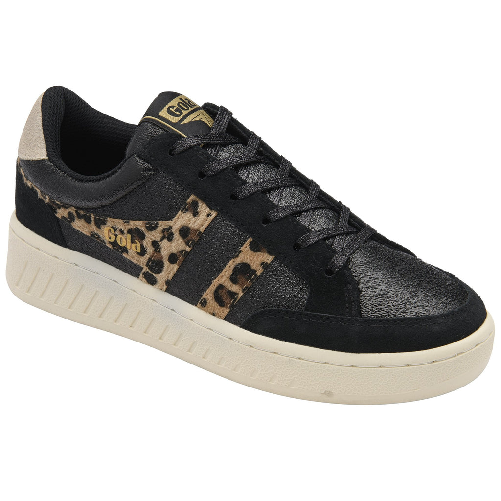 Black Gola sneakers with leopard print stripes and gold accents.