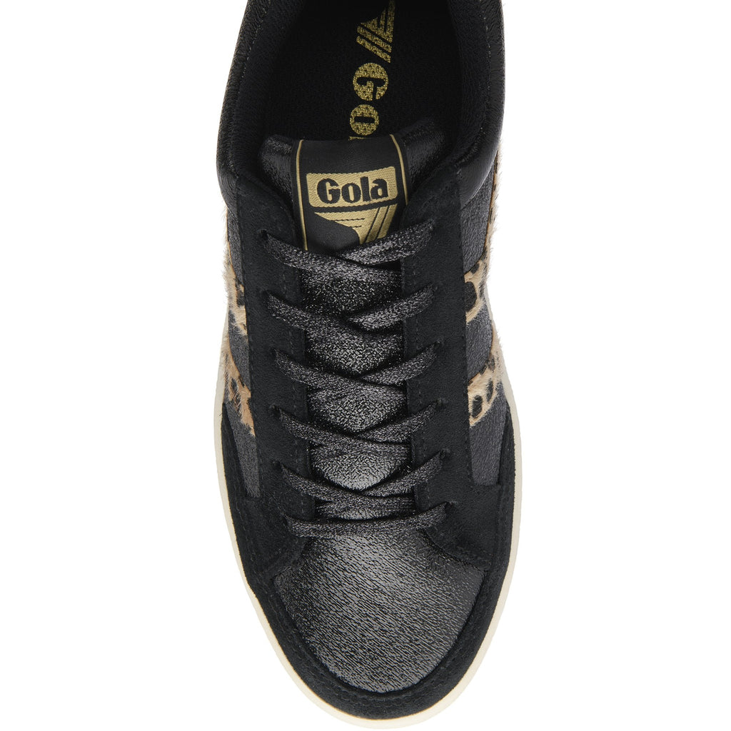 Top-down view of a black Gola sneaker with leopard print accents and black laces.