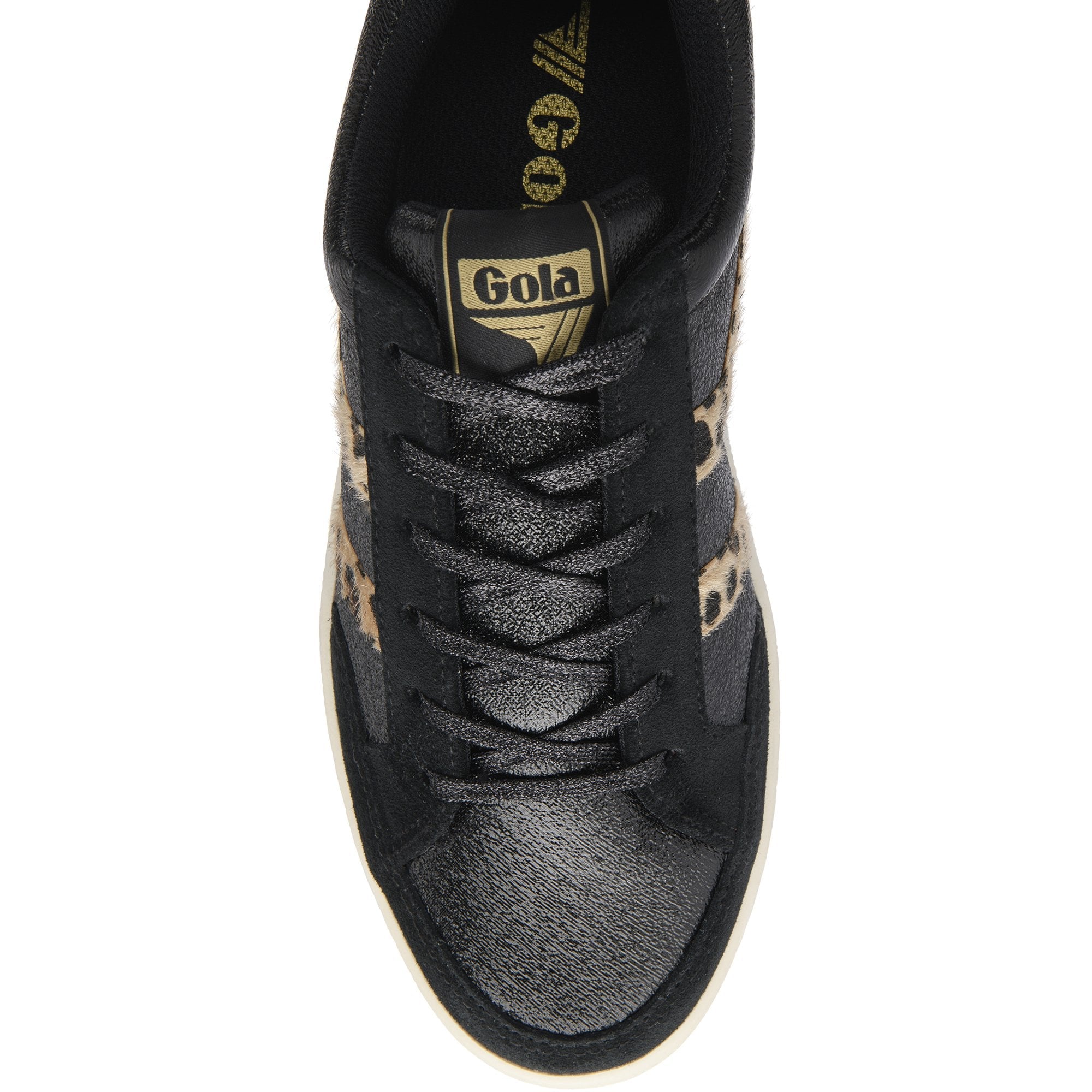 Top-down view of a black Gola sneaker with leopard print accents and black laces.